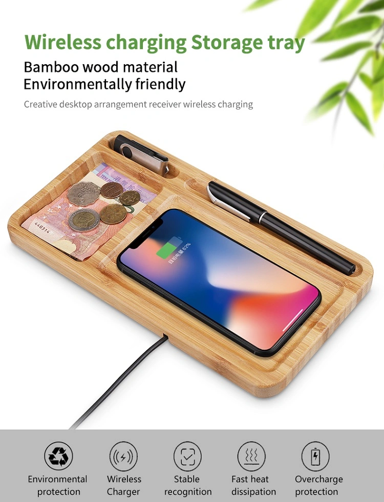 Office Multi Desk Fast Wooden Bamboo 2 in 1 Wireless Charging Storage Tray Mobile Phone Wireless Charger Organizer