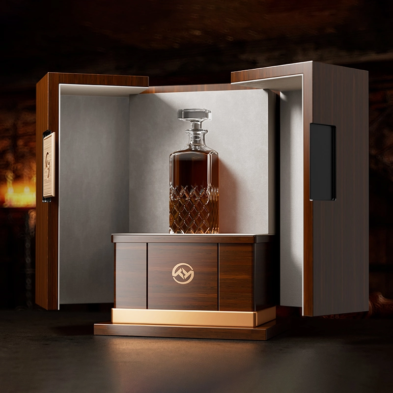 Wholesale Luxury Whisky Box Wine Bottle Liquor Collection Box Display Wooden Wine Box with Velvet Interior Wine Gift Box
