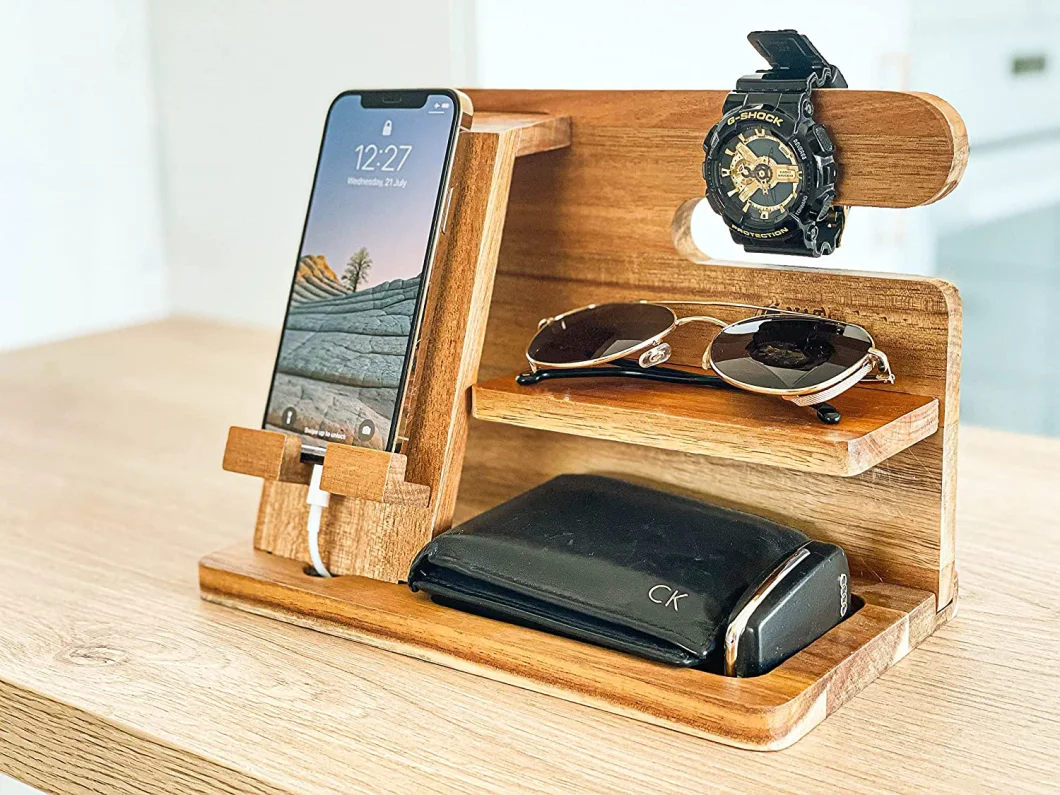 Wood Docking Station Mobile Phone Cell Holder Charging Office Desk Organizer Nightstand Wallet Key Smartwatch Sunglasses Storage Dresser