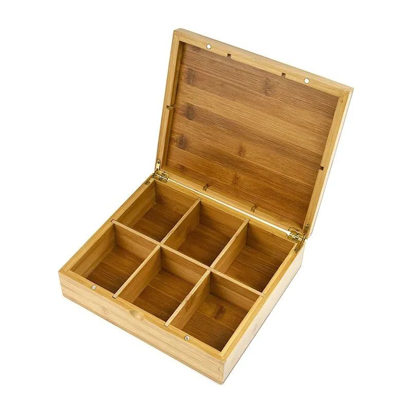 6 Compartments Houseware and Kitchen Acacia Wood Tea and Coffee Bag Box with Acrylic Lid