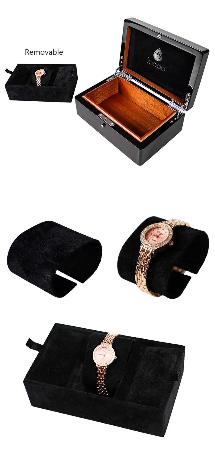 Newest Hot Sale Handmade High Quality Wooden Velvet Clamshell Watch Storage Box