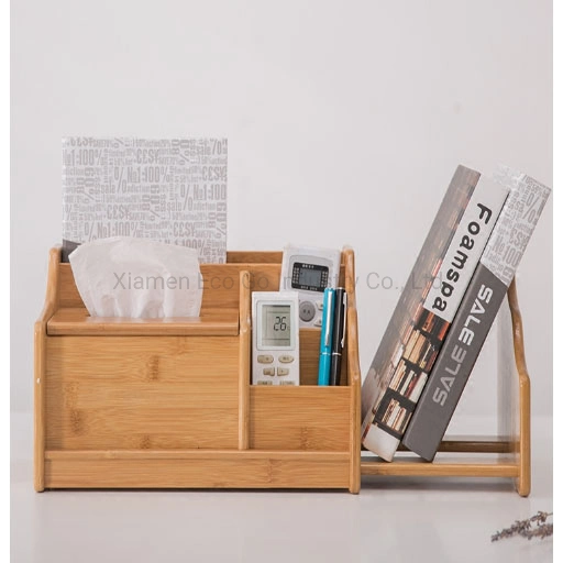 Natural Design Bamboo Wood Desk Book Rack Desktop Organizer with Tissue Holder