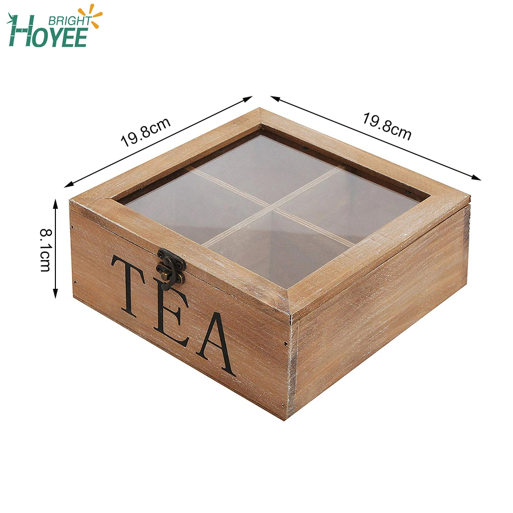 Cheap Rustic Wood Tea Box with Clear Lid Brown
