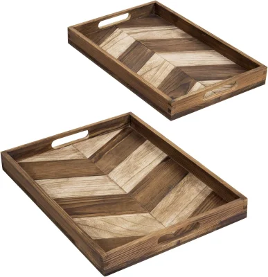 Stapelbare Frühstückstabletts aus Holz mit Chevron-Pfeil-Design – gebranntes braunes Holz mit ausgeschnittenen Griffen