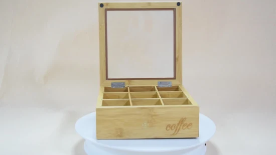 Maßgeschneiderte Bambus-Tee-Display-Box, Holz-Kaffee-Verpackungsbox, Holzverpackungsbox mit Glasfenster