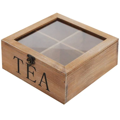 Günstige rustikale Teebox aus Holz mit transparentem Deckel, braun