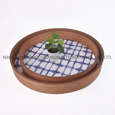 Holzgeschirr, runde, quadratische Kaffee-Serviertabletts mit Griff, Set mit 2 Holzhaltertabletts