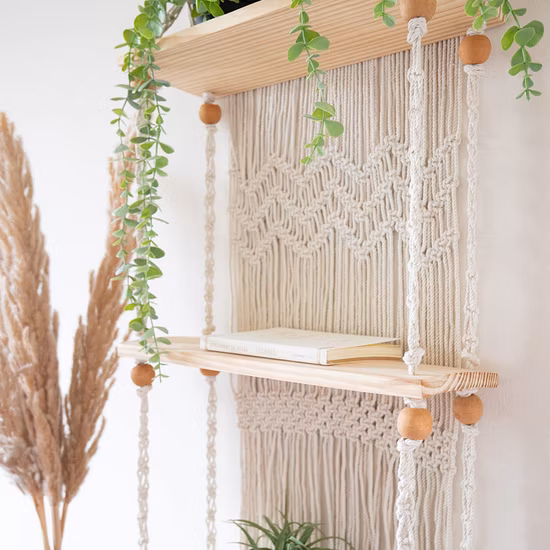 Handgefertigter Boho-Wandbehang aus Holz mit 3 Ebenen, Organizer-Regal, schwimmender Aufbewahrungshalter, gewebtes Seil, Heimdekoration